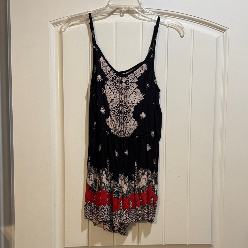 Angie Black Romper with Red and Cream Pattern